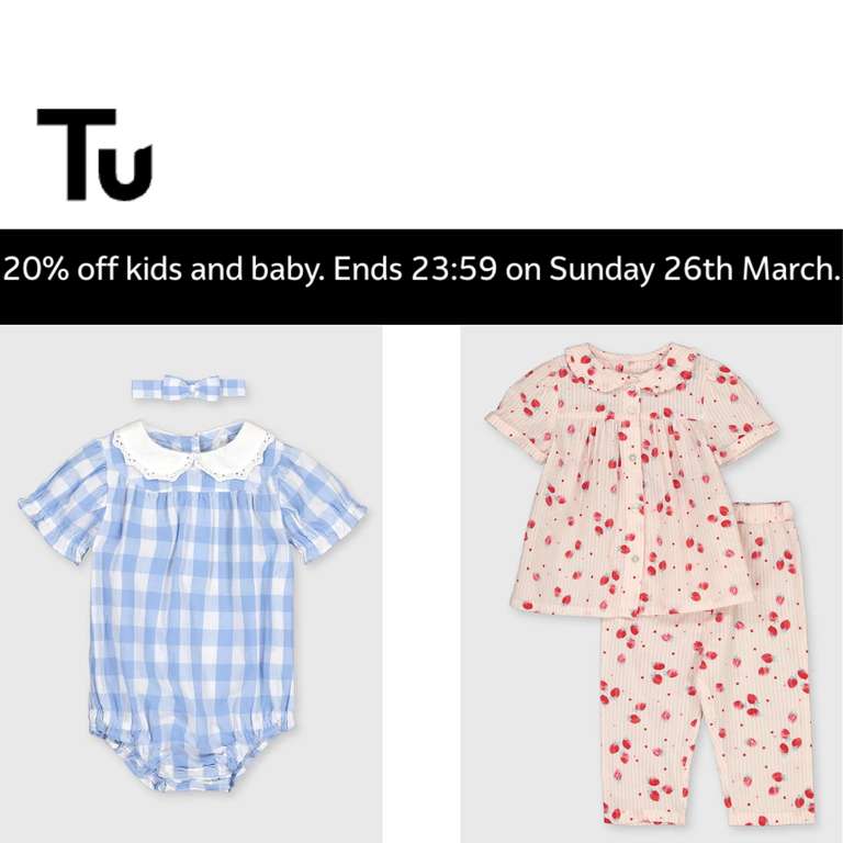 Sale - 20% Off on Kids and Baby (Online and InStore) + Free Click & Collect - @ Tu Clothing