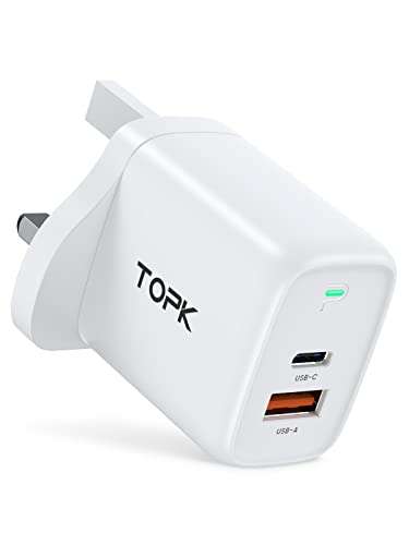USB C Plug, TOPK 20W 2 Ports PD & QC 3.0 USB C Fast Charger Wall Plug Adapter £5.99 @ Sold by TOPKDirect / Amazon