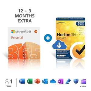 Microsoft 365 Personal + Norton 360 Standard 15-Month Subscription 1 Person Word, Excel, PowerPoint