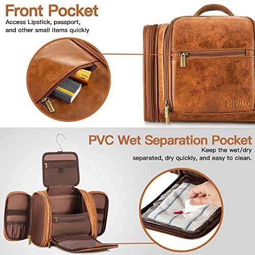 Elviros Travel Hanging Toiletry Bag, PU Leather, Water-Resistant Bathroom Shaving Kit (with code) @ Mohan Limited / FBA