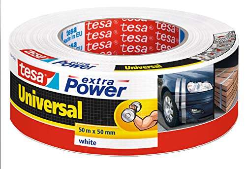 tesa extra Power Universal - Fabric-Reinforced Duct Tape for Repairing, Fastening, Bundling, Reinforcing or Sealing - White - 50 m x 50 mm