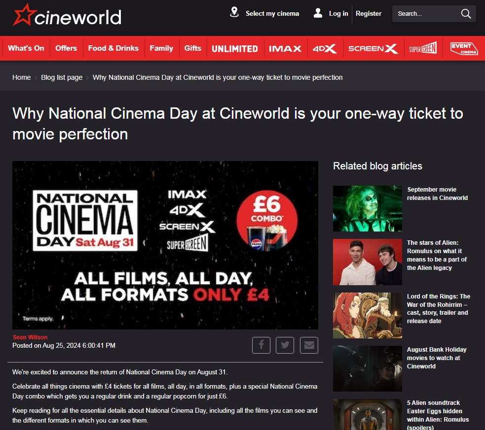 Cineworld National Cinema Day on August 31st 2024 all tickets