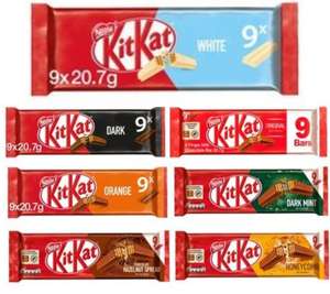 Kit Kat 2 Finger 9 Pack - White Chocolate / Milk / Dark/ Orange / Mint / Hazelnut / Honeycomb - £1 Clubcard Price @ Tesco