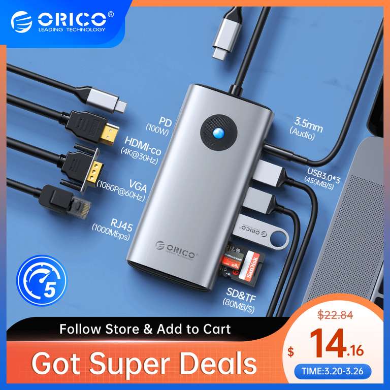ORICO Docking Station Type C HUB 5in1 30Hz PD60 £7.24 / 6in1 4K@60Hz RJ45 £13.06 delivered, using coupon @ Aliexpress /Orico Official Store