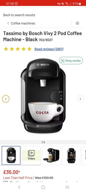 Tassimo by Bosch Vivy 2 Pod Coffee Machine - Black, Cream or Grey - £35 with click & collect @ Argos