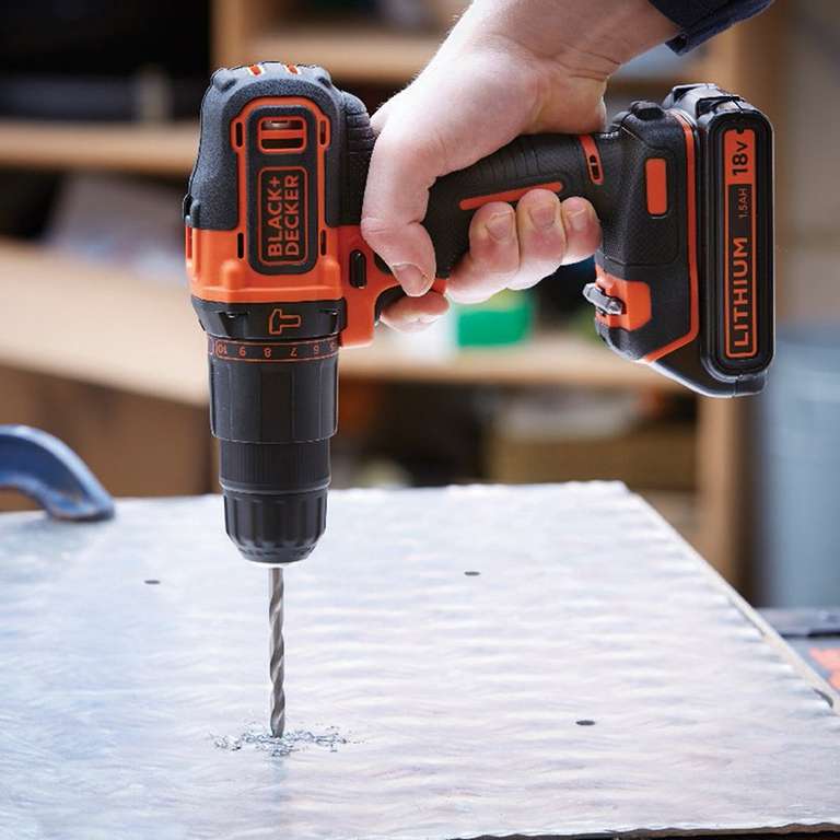BLACK+DECKER Cordless 2-Gear 18V Combi Hammer Drill with 1.5 Ah Li-Ion Battery & Kitbox Plus Free Gift - with Voucher