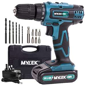 MYLEK MY18BCM1 Cordless Drill 18V, 1300 mAh Li-Ion Driver 28Nm, 2 Speed, LED Work Light, Carry Case with Accessory Kit £39.99 @ Amazon