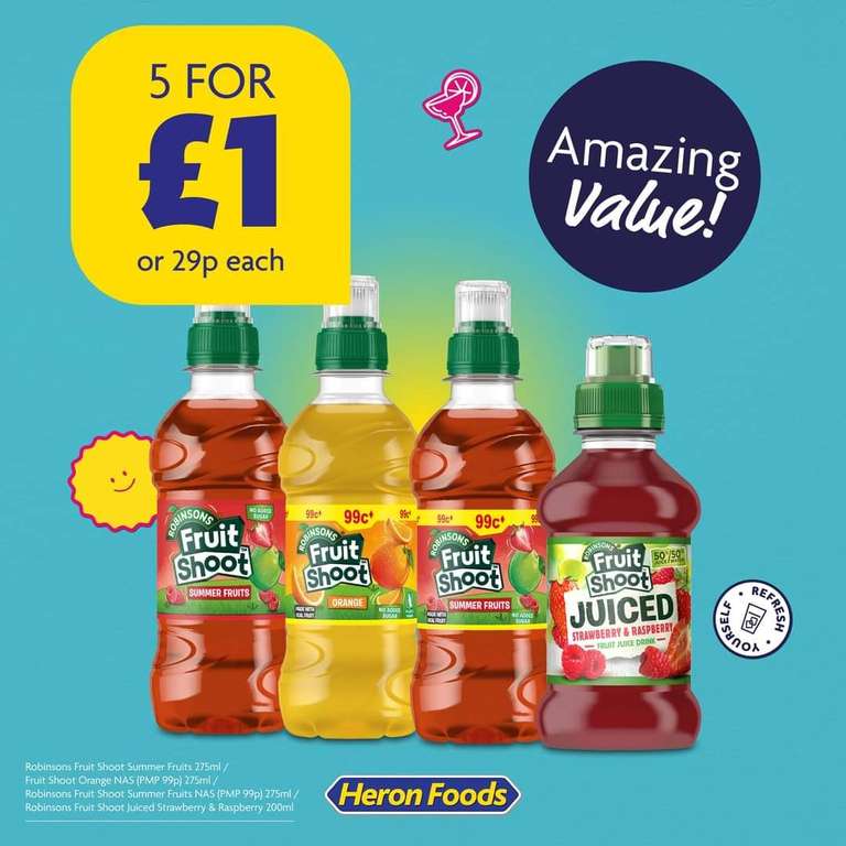 Fruit Shoots 5 for £1 200ml-275ml varied flavours @ Heron Foods