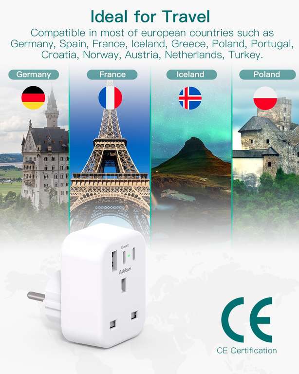 UK to European Adapter Plug with 3 USB Ports(2 USB C) - w/Code, Sold By ADDTAM FBA