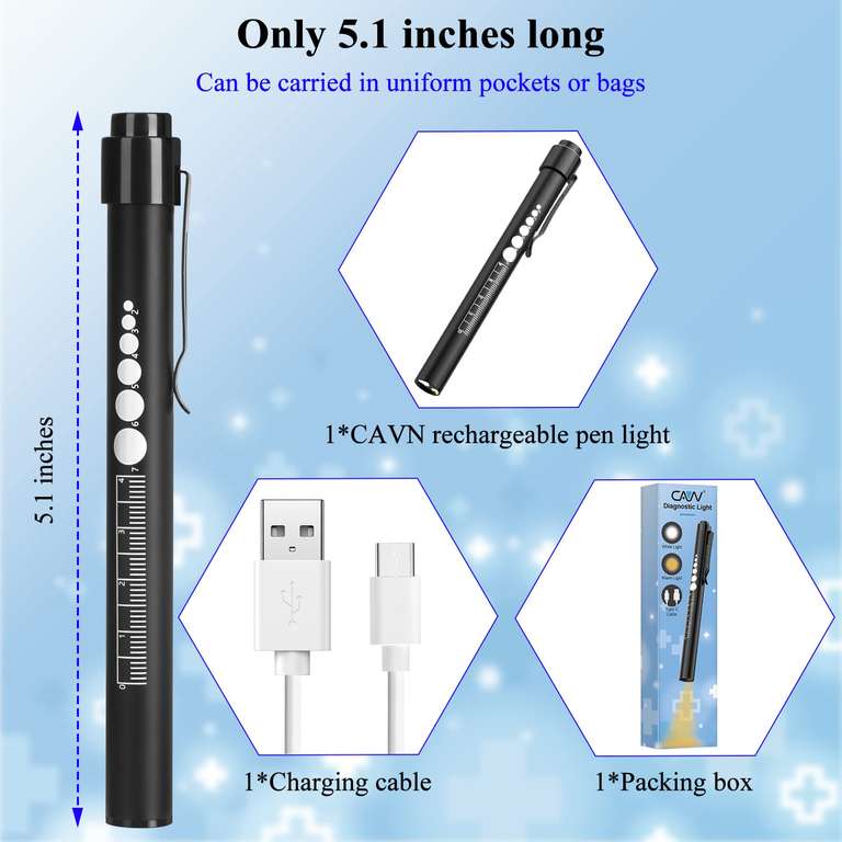 CAVN Rechargeable Diagnostic Medical Pen Light with Pupil Gauge LED Pen Torch, Warm/White Light (Black) - Sold By CLTECH-EU FBA