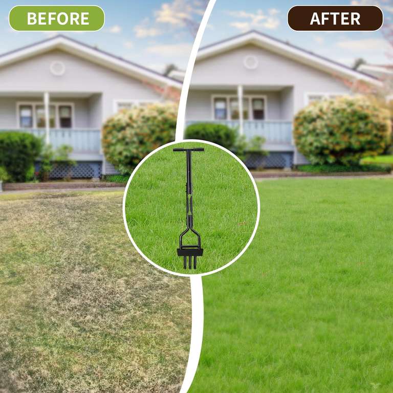 HYCHIKA Manual Lawn Aerator - Hollow Tine Aerator Tool With 3 Tines, Soil Collection Box & T-Handle For Garden Lawn Care-963170