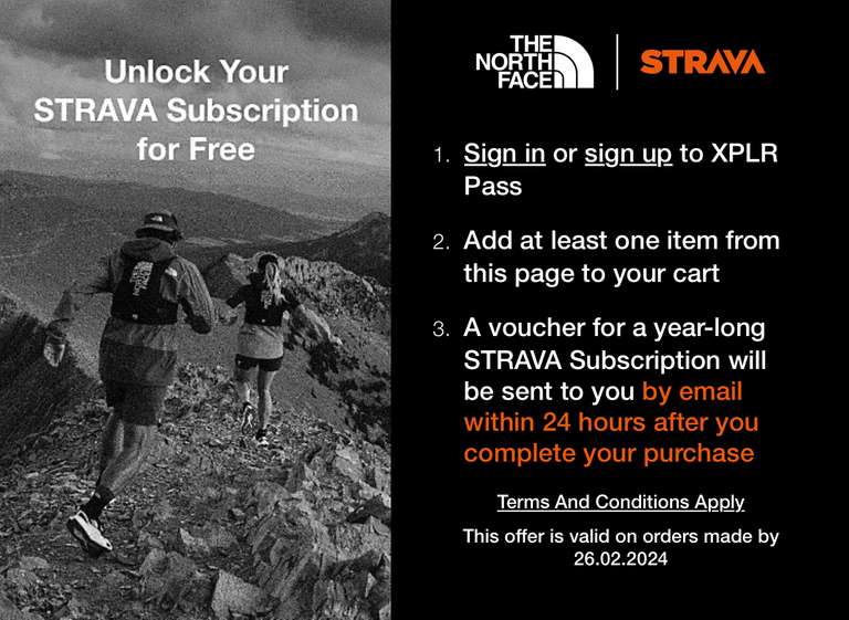 Free Strava for 12 months subscription with purchase from The North Face Trail Running Collection (XPLR Pass loyalty programme members)