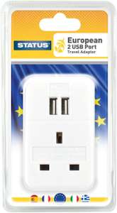 STATUS UK to EU European Plug with USB Port Adapter | 3 Pin to 2 Pin European Travel Adaptor | White 2 Port USB Adapter Plug