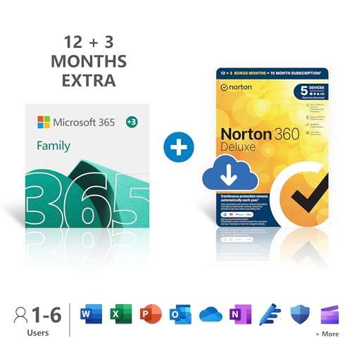 Microsoft 365 Family + Norton 360 Deluxe|15-Month Subscription | Up to 6 People|Word, Excel, PowerPoint|1TB OneDrive Cloud Storage