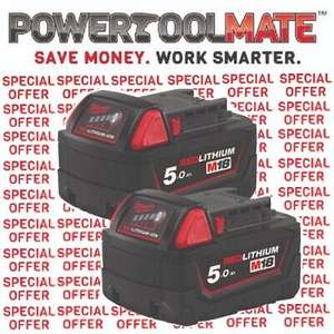 Milwaukee M18B5 X2 *TWIN PACK* 18v 5.0Ah Li-ion Batteries - with code - Sold by powertoolmate