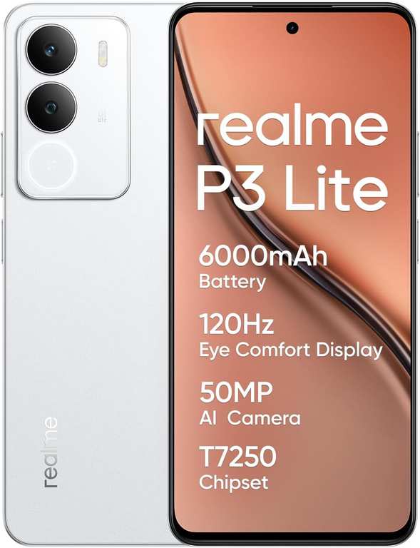 realme P3 lite 4G Smartphone, White, 8GB 256 GB, 120Hz Eye Comfort Display, 6000mAh Battery, T7250 Sold By Amazon EU