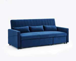 Devon 3 Seater Storage Pocket Chaise Pull Out Fabric Blue Velvet Sofa Bed