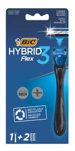 BIC Hybrid 3 Flex Refillable Men's Razor Kit, 90% Recycled Plastic Handle and 3-Blade Refills - Box of 1+2