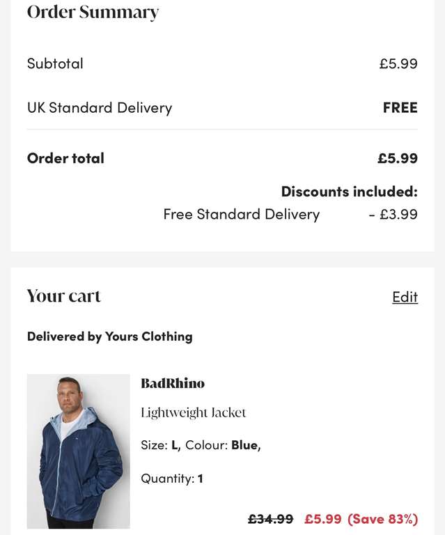 BadRhino Mens Lightweight Jacket (2 Colours / Sizes L - 1XL) - £5.99 + Free Delivery With Code - Sold by Yours Clothing @ Debenhams