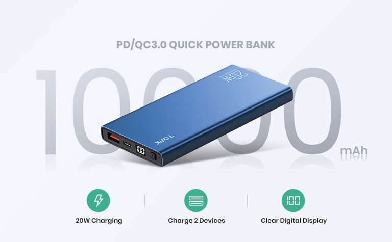 TOPK Power Bank, 20W PD QC 3.0 USB C Fast Charging 10000mAh, 3A Quick Charge with LED Display for Cellphones and Tablets - £13.99 @ Amazon