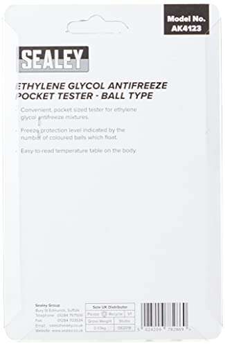 Sealey AK4123 Ball Type Ethylene Glycol Antifreeze Pocket Tester, 178mm x 114mm x 23mm , Red