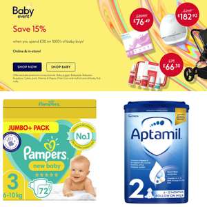Save 15% when you spend £30 on selected Baby and child products + Free Delivery - @ Boots