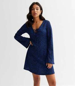 Petite Blue Animal Print V Neck Long Flare Sleeve Mini Dress £13 @ New Look