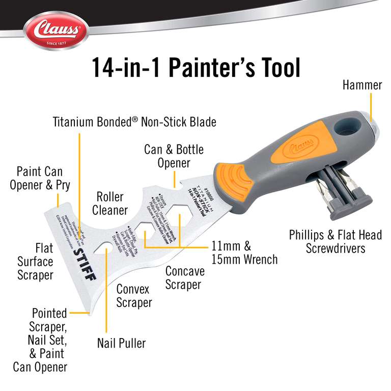 Clauss 14-in-1 Titanium Non-Stick Painter's Tool with Philip's and Flat-Head Driver