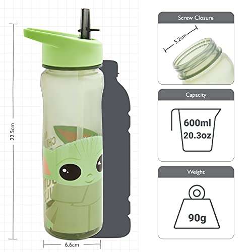 Mandalorian Water Bottle with Straw - Reusable Kids 600ml PP in Grey & Green – BPA Free & Recyclable Plastic- £3 @ Amazon