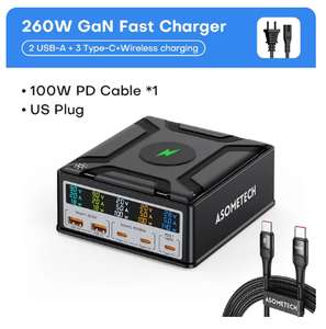 ASOMETECH 260W GaN Charger Digital Display Desktop USB Type C Charger 140W PD3.1 PPS QC4.0 UK Plug with code sold by cutesliving store