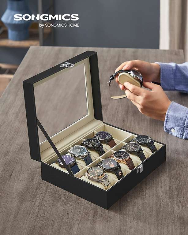 SONGMICS Watch Box - Glass Lid, Removable Watch Pillows, Metal Clasp - with 10 Slots - £11.32 / 12 Slots - £13.49 | Songmics FBA