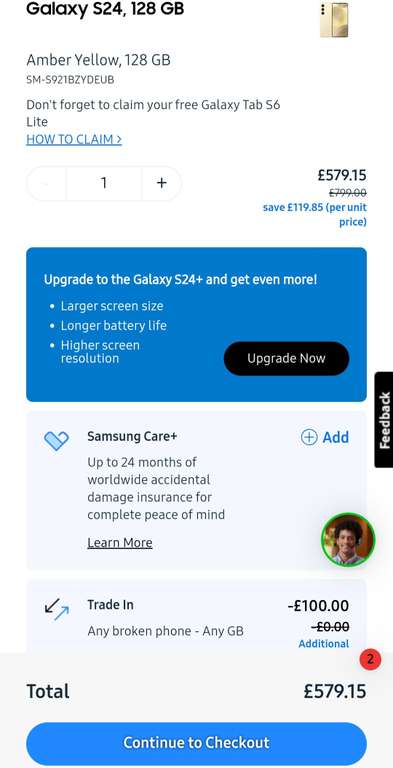 Samsung Galaxy S24 128GB - (student/NHS/employee) + £100 trade-in any device + free Galaxy Tab S6 Lite