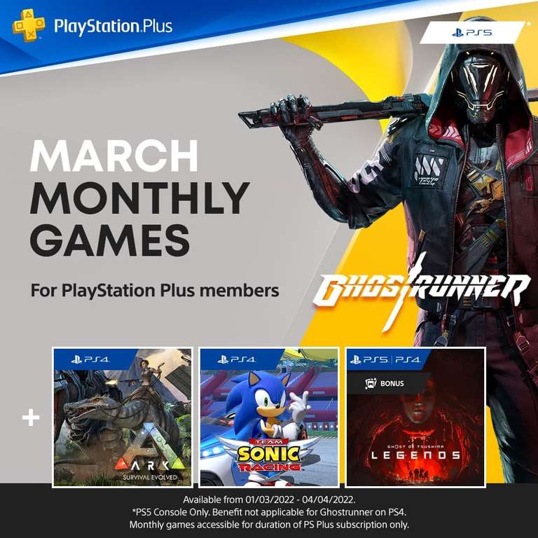 PS Plus Games (March 2022) - Ghostrunner (PS5), Team Sonic Racing (PS4), ARK: Survival Evolved (PS4), Ghost of Tsushima: Legends (PS4 & PS5)