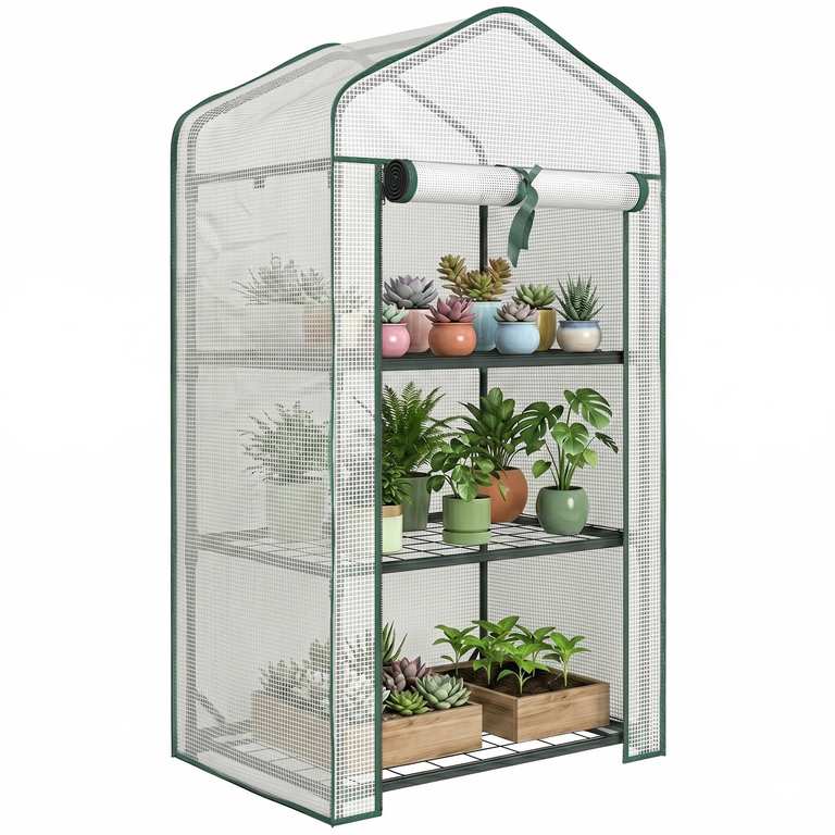 Outsunny 3 Tier Mini Greenhouse with PE Cover 127H x 59W x 39D cm White