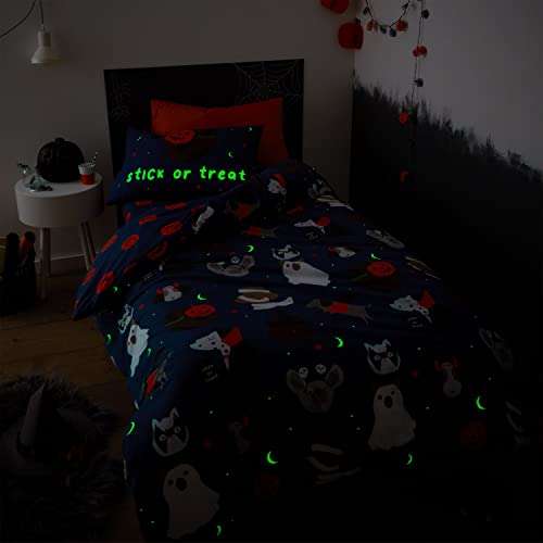 Catherine Lansfield Bedding Halloween Dogs Glow in the Dark Single Duvet Cover Set with Pillowcases Blue