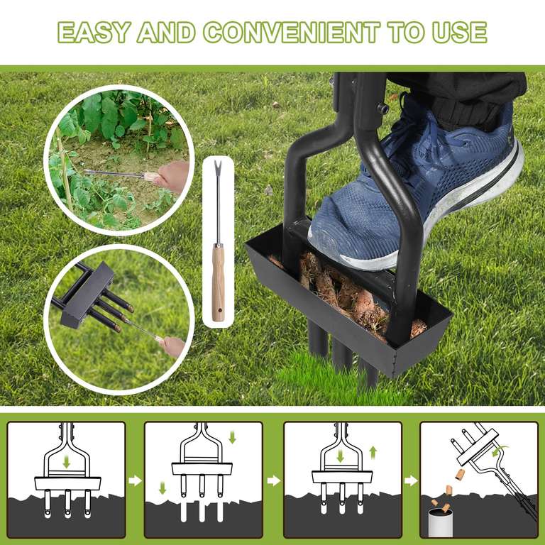 HYCHIKA Manual Lawn Aerator - Hollow Tine Aerator Tool With 3 Tines, Soil Collection Box & T-Handle For Garden Lawn Care-963170