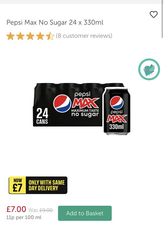 Pepsi Max No Sugar 24 x 330ml £7 + £2 same day delivery @ Iceland