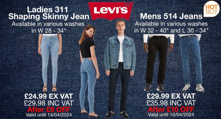 Ladies Levi's 311 Skinny Jeans W28-34" - Mens Levi's 514 W32-40 L 30-34 (various washes) - Instore