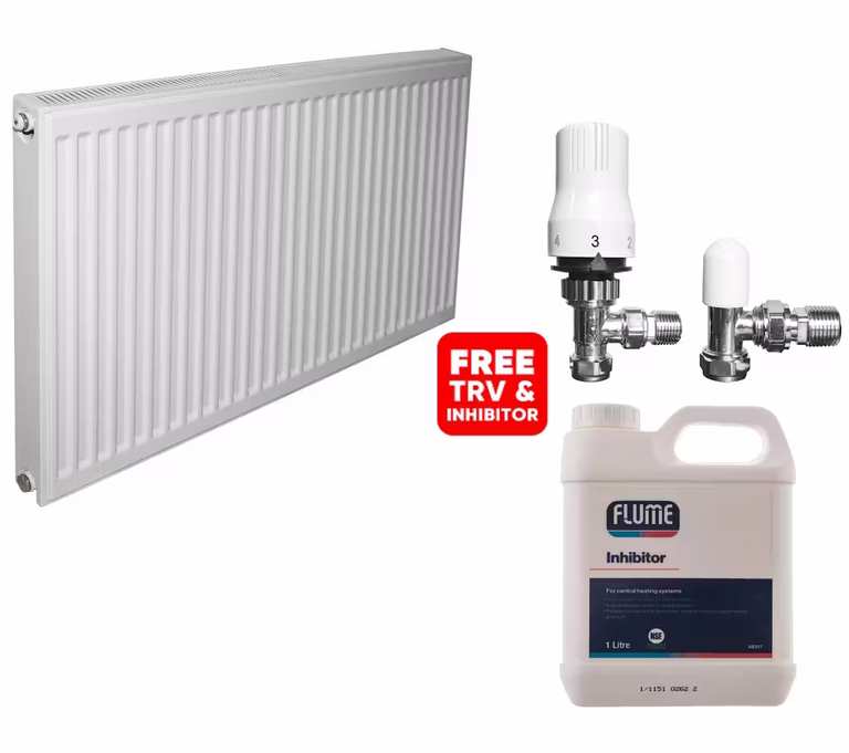 Kudox Premium Type 11 Steel Panel Radiator 600 x 400mm, 15 Year Guarantee + FREE TRV & Lockshield and 1L Flume System Inhibitor - Free C&C
