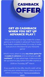 £5 cashback in the form of a credit (Invitre By Email Only) in National Lottery Account (Minimum Spend £4)