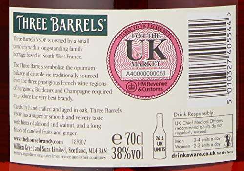 Three Barrels Rare Old French Brandy VSOP, 70cl £14 @ Amazon