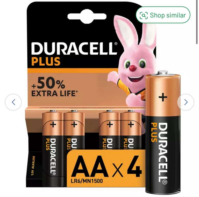 Duracell Plus Alkaline AA Batteries - Pack of 4 - £1 + Free Click & Collect @ Argos