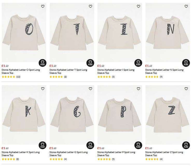 Kids Stone Alphabet Letter (A - Z ) Long Sleeve Top £1 (£0.90 Members price) + Free Click & Collect @ George Asda