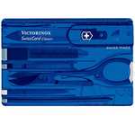 Victorinox Swiss Card, Swiss Made Pocket Tool, Credit Card Size, 10 Functions, Pen, Scissors, Blue Transparent