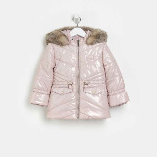 River Island Girls Cinched Puffer Jacket Pink Faux Fur Hooded Casual Winter Top £12 at River Island ebay