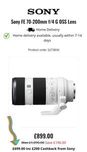 Sony FE 70-200mm f/4 G OSS Lens (+£200 Sony Cashback) = £699