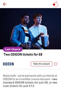 Get 2 Odeon Tickets For £8 Via Very Me Rewards (£13 For 2x Luxe Tickets) (£1 Booking Fee Applies Online) (15K Avaliable)