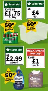 Peperami 5 x 20g / Comfort 870 ml £2.99 / Kleenex Tissue Cube £1 / 60l Storage Tub £4
