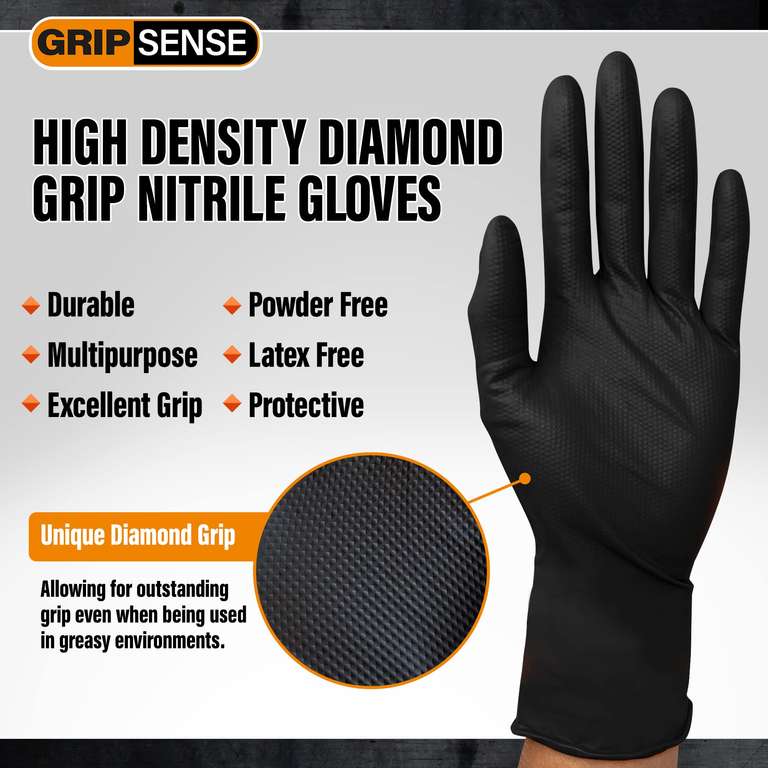 GripSense Black Nitrile Gloves - High Density Diamond Grip - Extra Thick & Super Strong Gloves M Or L(2 X 50 Pack)-Farla Medical Healthcare