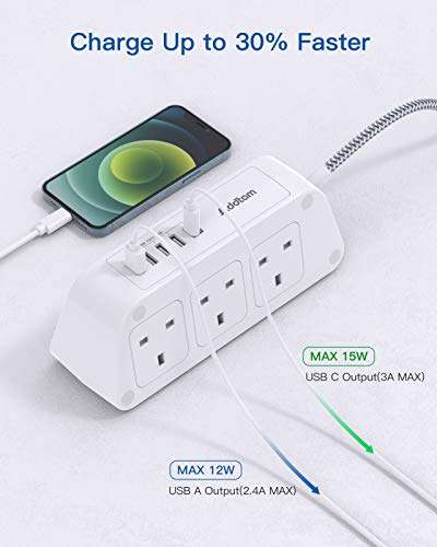 Extension Lead with USB Slots 6 Way Outlets 5 USB (5A, 1 USB- C and 4 USB-A Port) 1.8M Lead (with voucher) @ ADDTAM / FBA